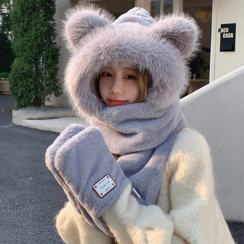 Корейский милый плюшевый комплект из трех предметов для женской осени и зимы Новый шарф, перчатки, шляпа, интегрированная плюс бархатная холодостойкая и теплая шляпа