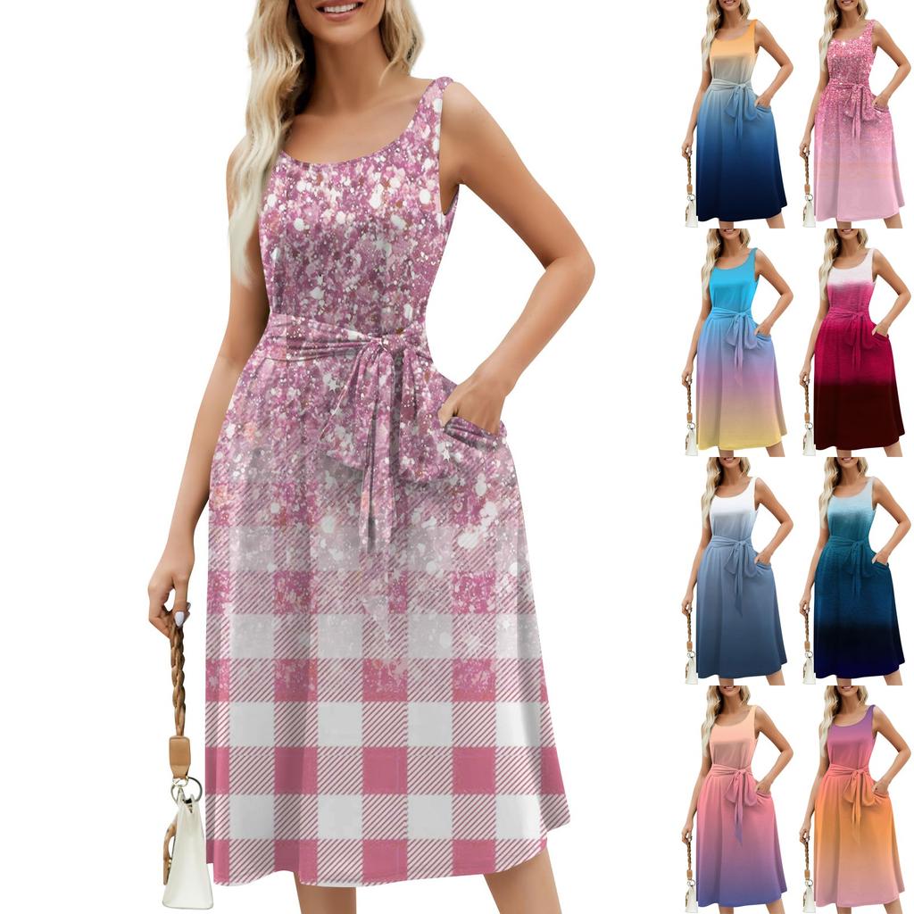 Летние платья для женщин 2024, пляжные свободные с круглым вырезом, без рукавов, миди-трапеции, распашное платье, сарафаны с карманами