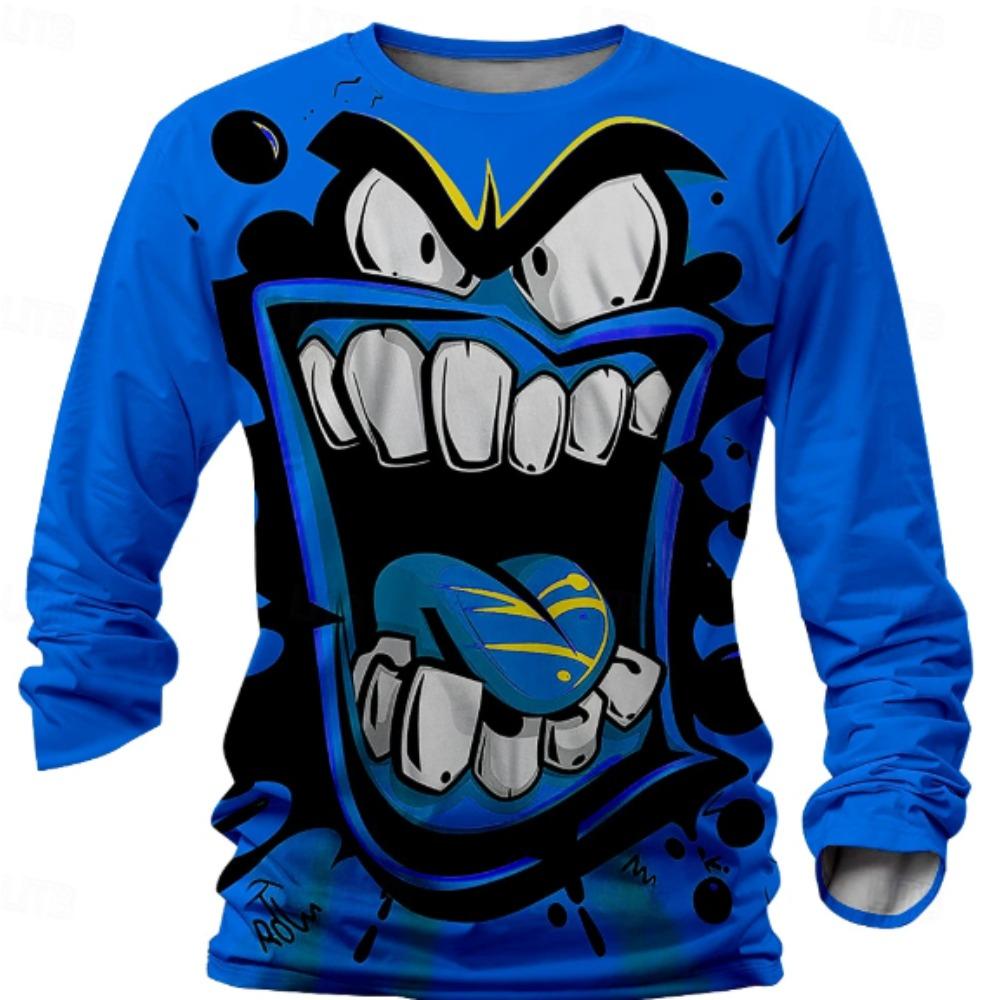 Angry Graffiti Mouth Print Men's Tshirts Long Sleeve Tees Round Neck Casual Pullover Men's Clothing Plus Size, Christmas Holiday Fashion Tee