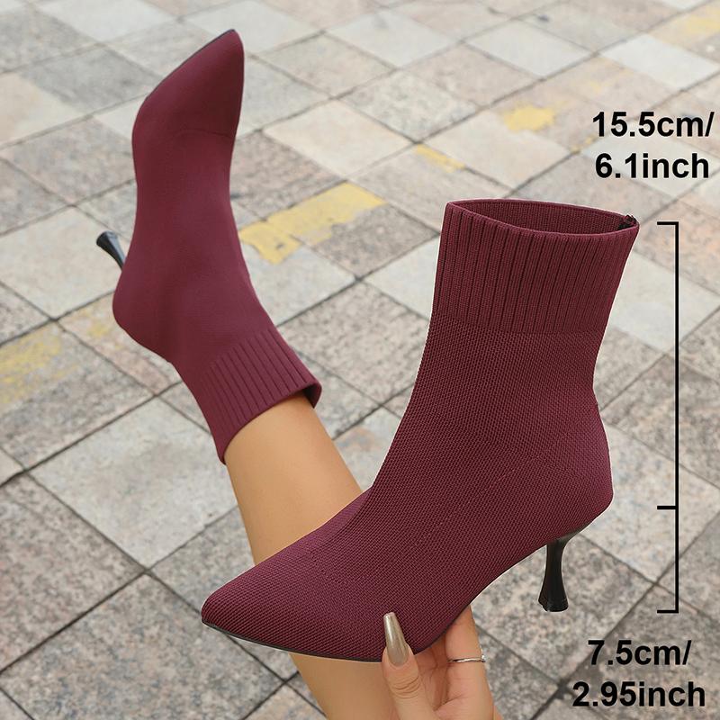 Мода Мода Слипоны Тонкие Вязаные Ботильоны Женские Большого Размера Стрейч Сапоги на Высоком Каблуке Женские Осенне-Зимние Ботильоны-Носки на Тонком Каблуке