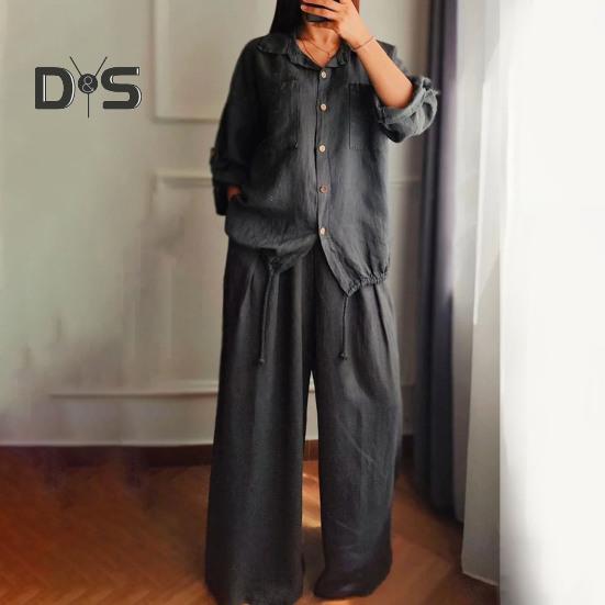 2 Pcs/Set Women Shirt Pants Set Long Sleeves Lapel Collar Pockets Single-breasted Drawstring Hem Blouse High Waist Loose Wide Leg Pants Set Casual