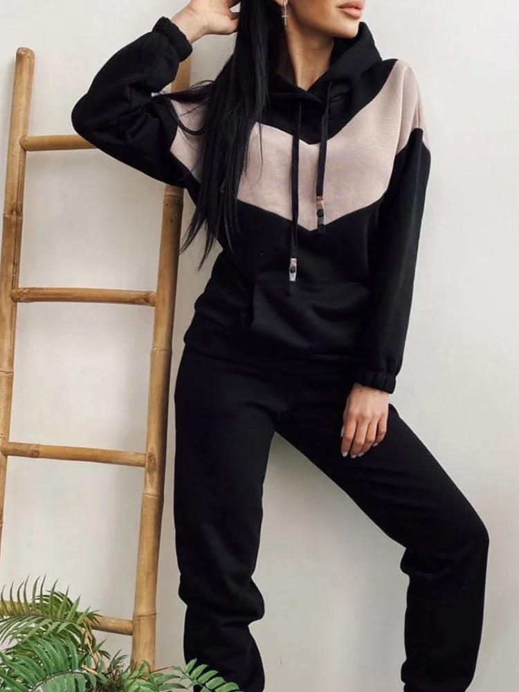 Повседневные комплекты для женщин, винтажная уличная мода, комплект из 2 предметов, однотонные карманы, длинный рукав, капюшон, 2024, новые комплекты брюк на осень-зиму