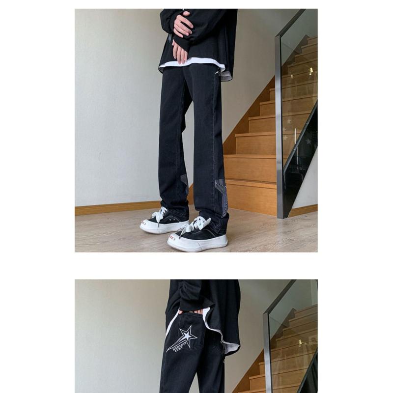 Брюки в американском стиле, уличные голубые джинсы со звездами и вышивкой, мужские брюки прямого кроя с дизайнерским смыслом