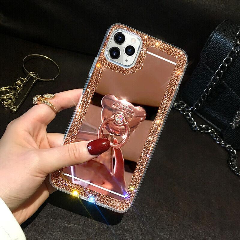 Diamond Glitter Case Makeup Mirror with Ring Kickstand For IPhone 13 Pro Max 12 11 Pro Max XR Samsung S21 S21 Pus S21 Ultra S20 FE A52 A72 A51 A71