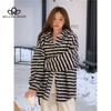 Autumn Winter New Casual Relaxation Chic Coat Korean Style Striped Loose Lazy Hooded Coat