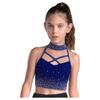 Girls Gymnastics Crop Top Halter Neck with Sparkling Rhinestones Cross Front Backless Dance Performance Costume