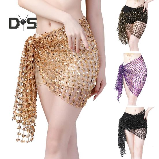 Belly Dance Hip Scarf Sequin Woven Wrap Skirt Hollow Out Mini Skirt Waistband Oriental Indian Dancer Sash Performance Carnival Costume Accessory