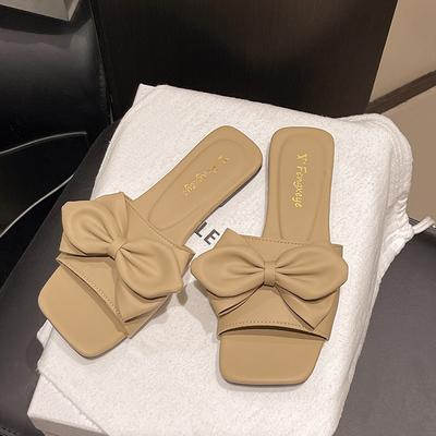 Женские сандалии на толстом каблуке с квадратным носком, весенние новые, с бантом, повседневные уличные шлепанцы