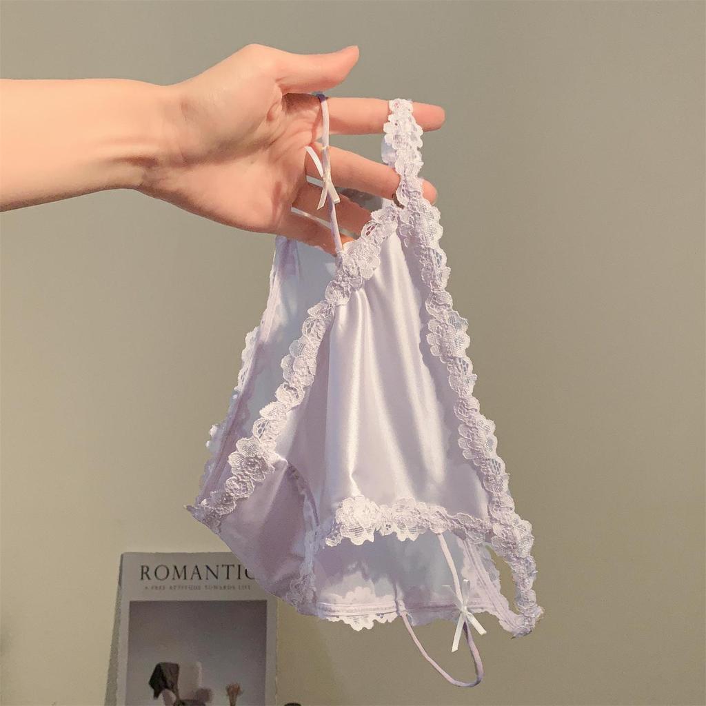 Низко посаженное французское атласное кружевное белье фиолетового цвета таро с дышащей хлопковой ластовицей и кольцами для ног