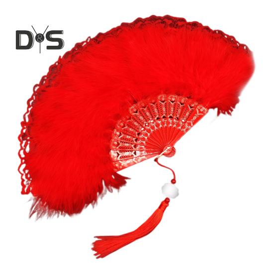 Винтажный складной веер с перьями и кружевом с кисточками, портативный летний ручной веер, украшение для танцевального представления, реквизит для костюмов для вечеринок