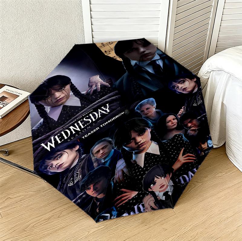 Wednesday Addams 8 Ribs 3Fold Black Glue Uv Protection Umbrella Sun Protection Rainproof Compact Folding Umbrella For Travel Daily Use C9241372
