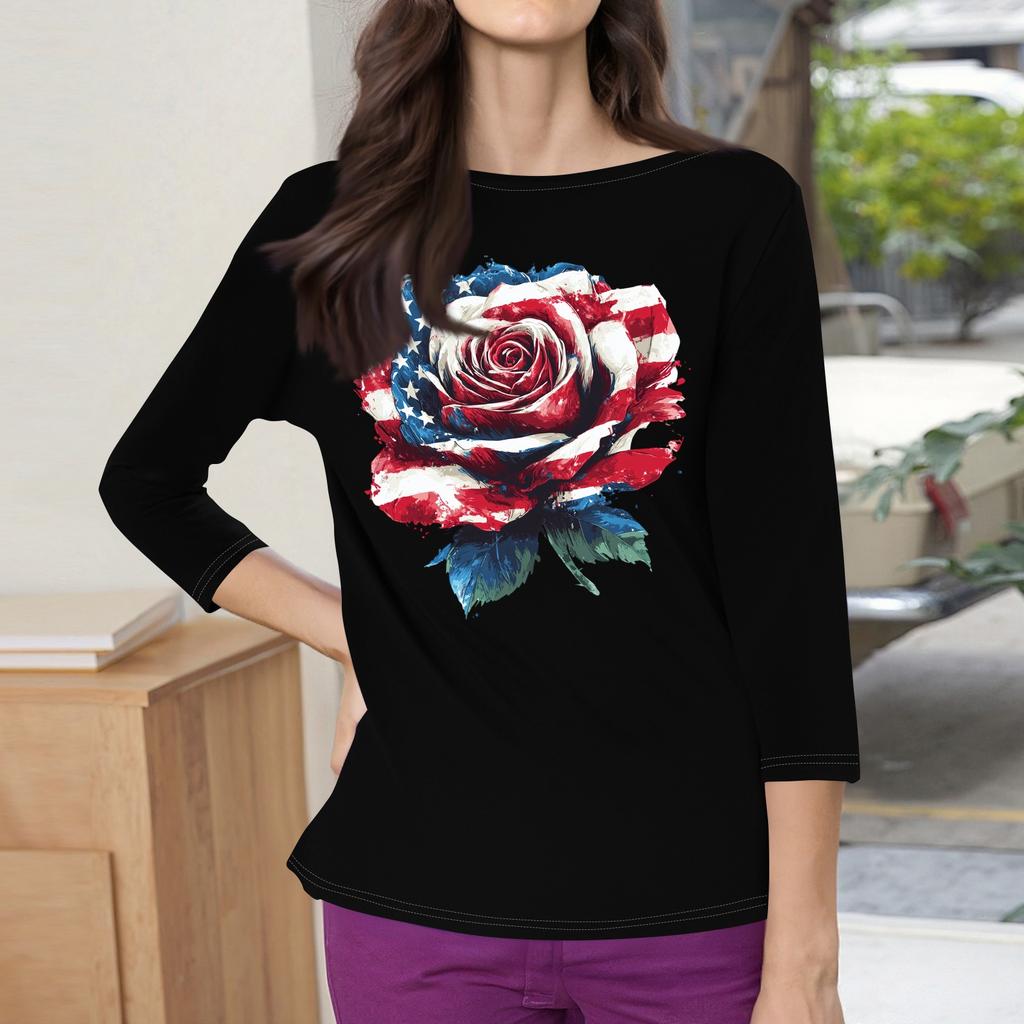 3/4 Sleeve Tops For Women T-Shirt Casual Print Tops T Shirt Round Neck Pullover Blouse