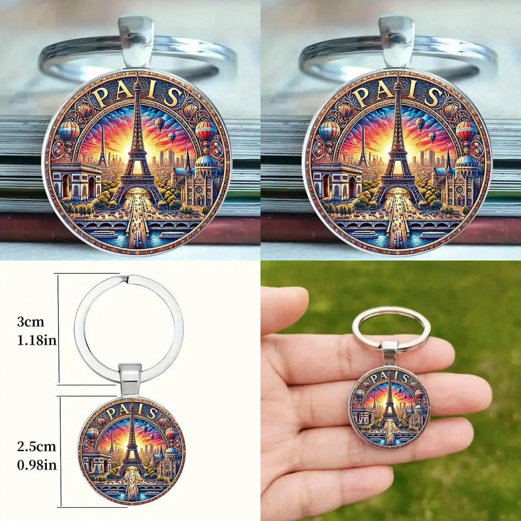 Sunset Paris Theme Keyring With Glass Pendant For Gift And Collection