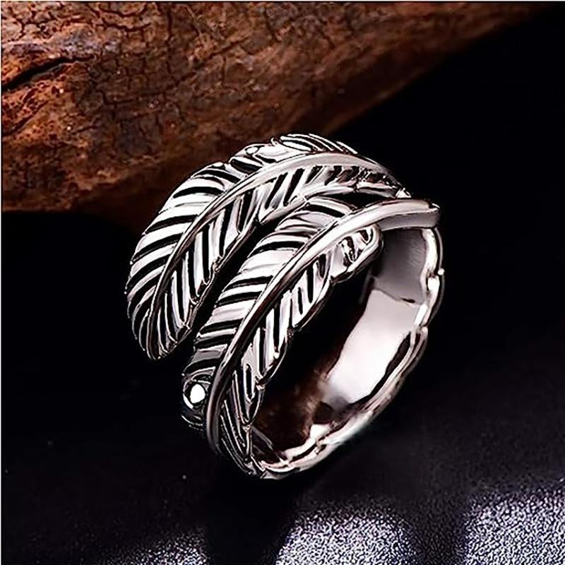 Кольцо в форме пера из стерлингового серебра для женщин, винтажная вечеринка в стиле панк, регулируемое украшение на палец, ретро-аксессуары