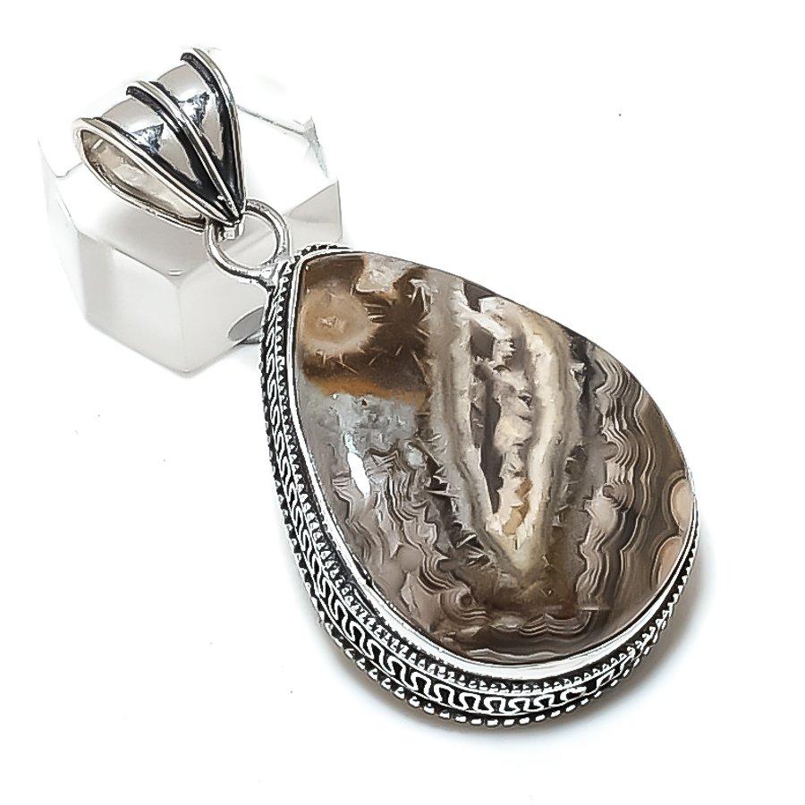 Laguna Lace Agate Gemstone Handmade 925 Sterling Silver Pendant 2.17" m1J30