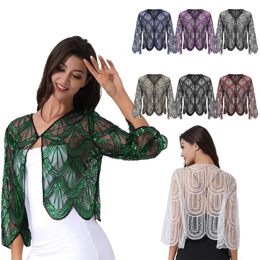 Женская полая кружевная шаль с блестками 1920-х годов, вечерняя накидка-хлопушка, свадебное болеро, пожимание плечами