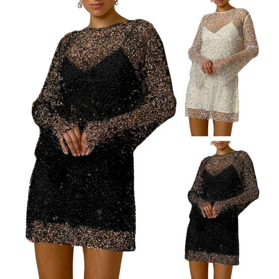 Комплект из 2 предметов, платьев, прозрачное, с пайетками, с длинным рукавом, свободным, с круглым вырезом, с вырезом, для выпускного вечера