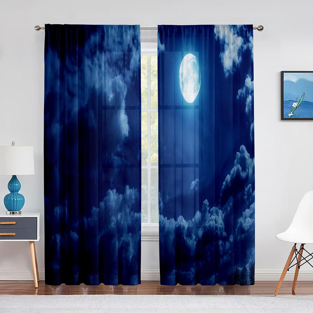 Тюлевые шторы «Звездная ночь» с пейзажем неба и звездами и луной для гостиной, спальни, кухни, декор, шифоновая прозрачная вуаль, оконная занавеска