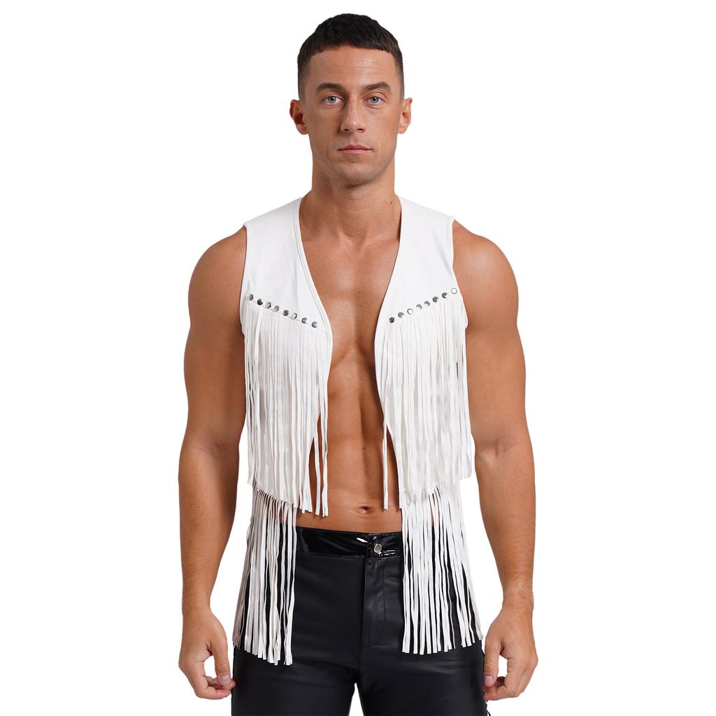 Mens Western Cowboy Vintage Faux Suede Tassel Vest Tops Open Front Rivets Fringe Waistcoat Jacket Festival Rave Party Clubwear