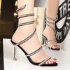 Summer New Sexy Nightclub Banquet Women's Shoes Stiletto High Heel Serpentine Wrap with Rhinestone Ankle Wrap with Sandals