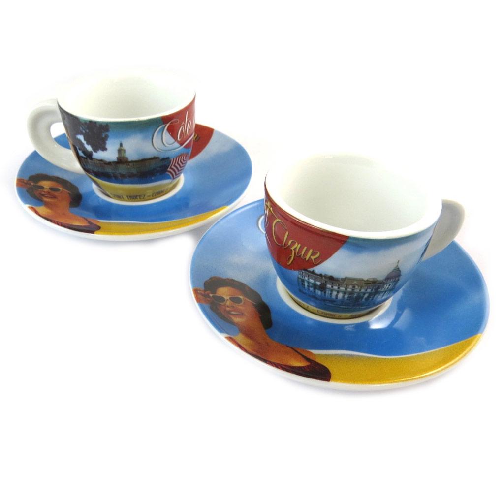 Les Trésors De Lily [N9708] - Box of 2 Coffee Cups 'Côte d'Azur' Yellow Blue (vintage) - 5x6 Cm