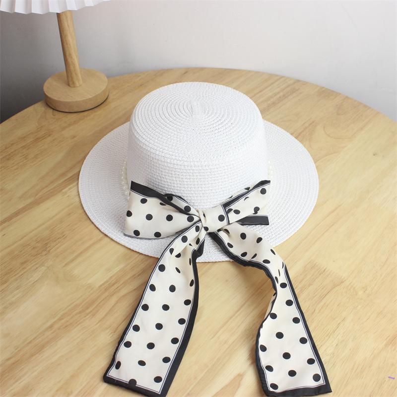 Straw Hat Summer Sun Hat Elegant Polka Dot Streamer Pearl Flat Top Hat Travel Small Fresh Sun Hat