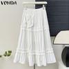 Women Summer Elastic Waist Lace Spliced Solid Color Skirts