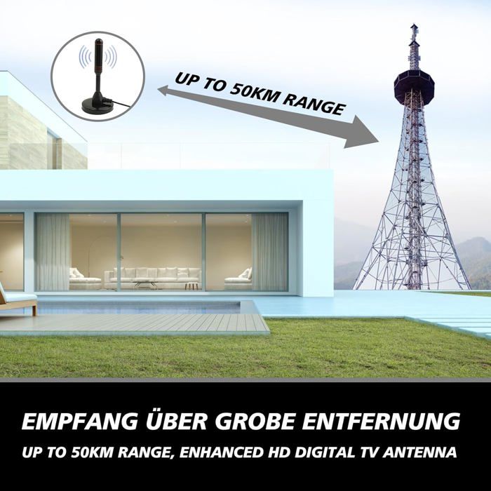 Antenne TV intérieure - CHOUMICHA SAVEURS FRANCE AGRO - Modèle 360° 50km - Gain 25±3dB - Base magnétique - Câble coaxial 5m