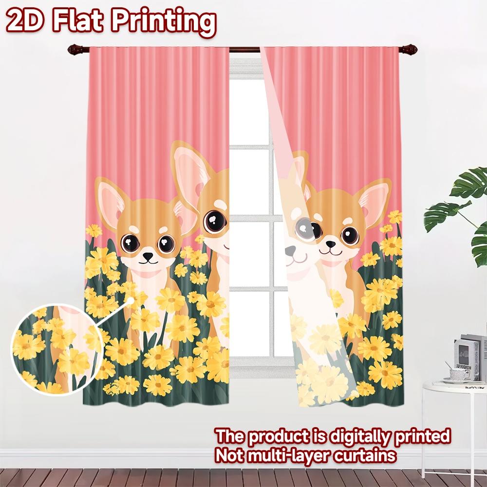 2D flat printing 2pcs Party Curtains Chihuahua Spring Flower Cute Dogs Digital Printed Polyester Drapes Family Party Decoration