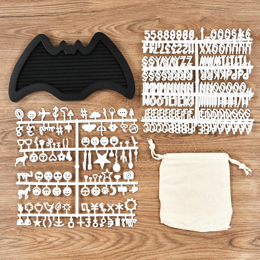 Felt Letter Board Bat Shaped with 394 Letters, Numbers, Symbols - 11x6 inch Changeable Message Board with Wooden Frame Stand, Canvas Bag and Wall