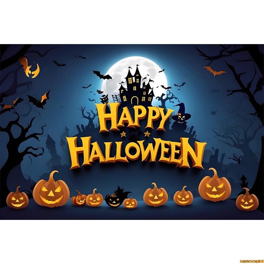 1pc Happy Halloween Party Backdrop Night Moon Gothic Castle Pumpkin Bats Reusable Banner for Halloween Themed Party Decoration