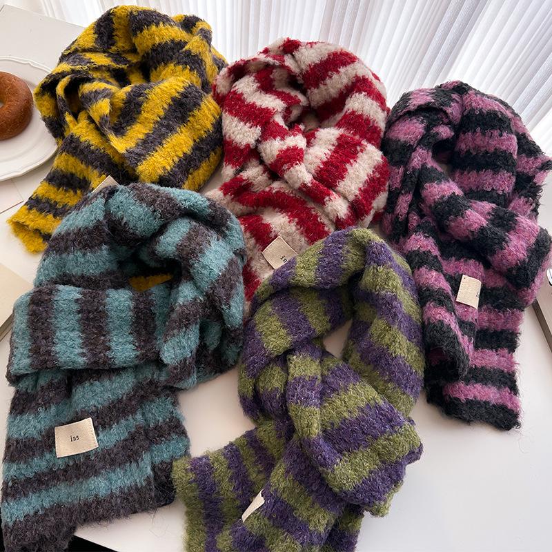 Small Fresh Literary And Artistic Color Matching Wool Knitted Scarf Medium And Long Shawl Scarf Versatile Warm For Women