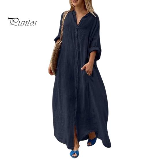 Spring Summer Women Dress Plus Size Loose Pure Color Single-breasted Pockets V Neck Long Sleeves Split Hem Soft Breathable Casual Ankle Length Maxi