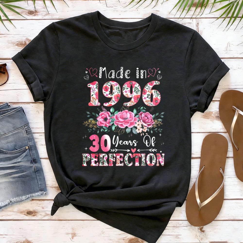 Футболка 1996 года для женщин, 30 лет совершенства, с цветочным принтом, подарок на 30-летие, хлопковая, с коротким рукавом, с круглым вырезом