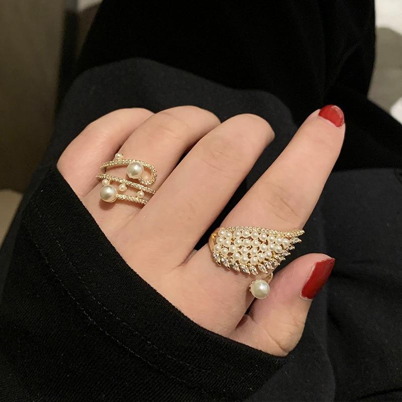 Корейское кольцо Имитация жемчуга Крылья Циркон Открытые кольца Изысканное геометрическое кольцо на палец Женские Модные Темпераментные Универсальные украшения