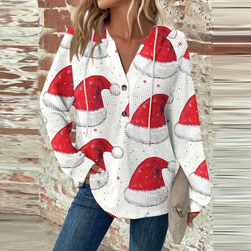 Женский повседневный топ с длинными рукавами, пуговицами, V-образным вырезом, рождественским принтом, завязками и капюшоном