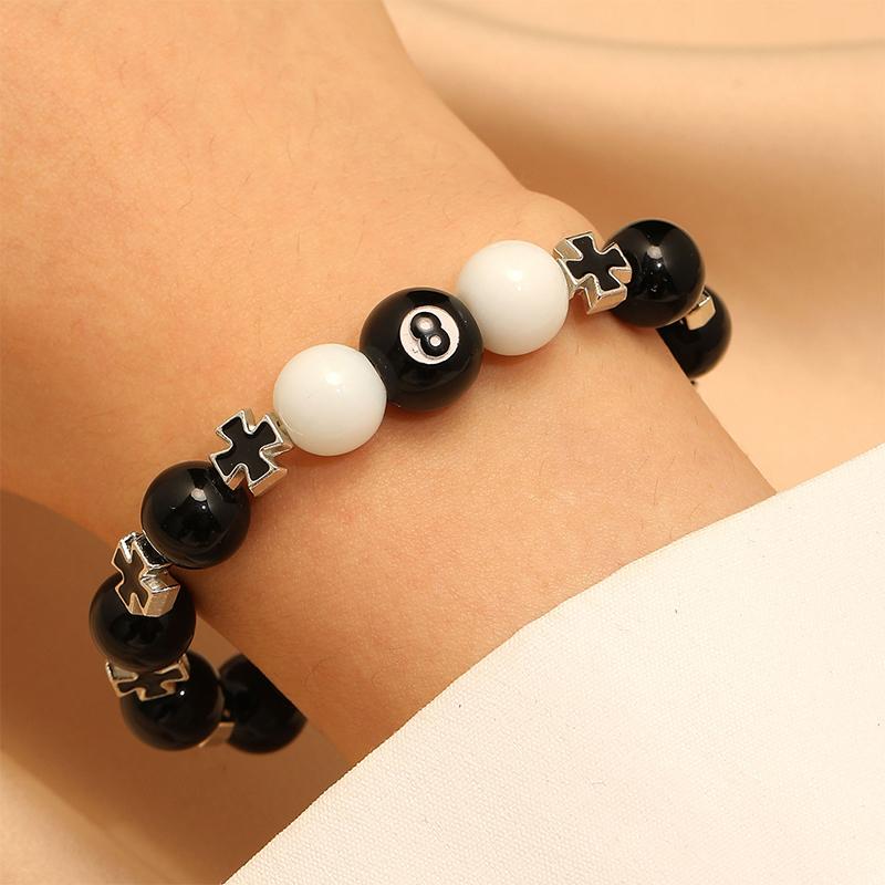 Billiard Black Ball 8 Beads Bracelet Men Women Handmade Cross Lucky Elastic Bracelet Male Hip Hop Jewelry Accessories