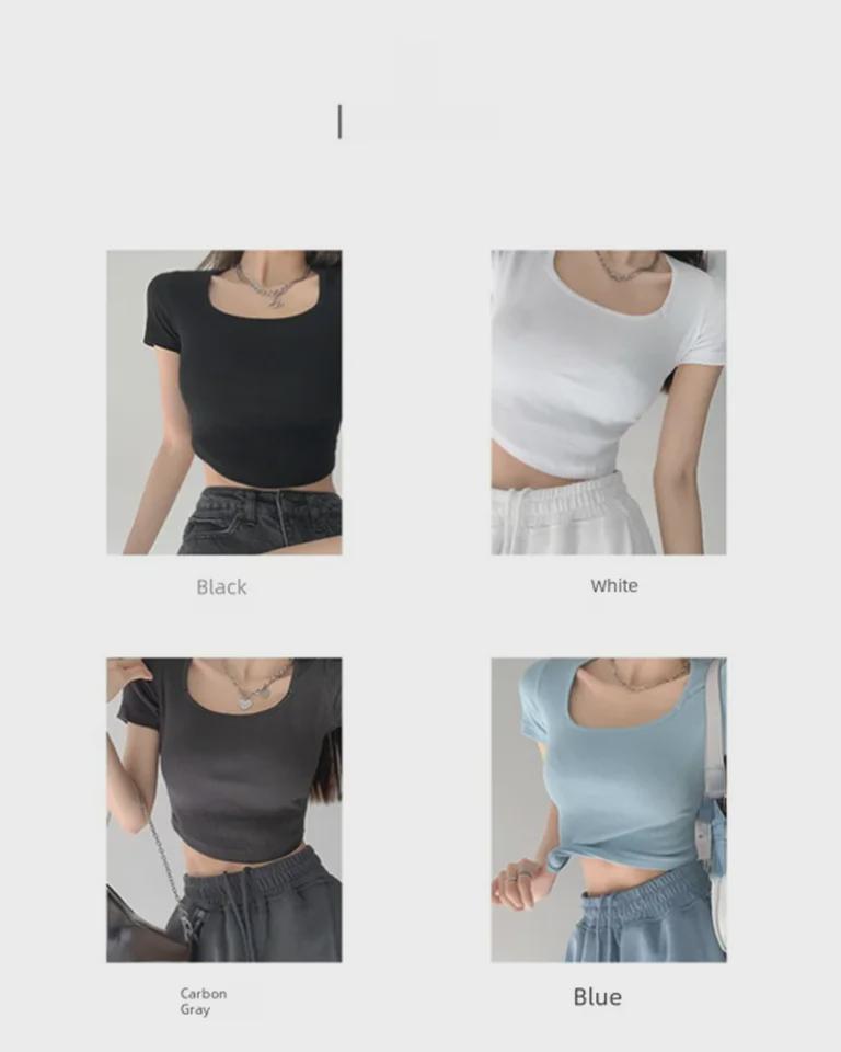 Женский укороченный топ в корейском стиле, облегающий, с широким U-образным вырезом - однотонный, с коротким рукавом, оверсайз, летний слой.