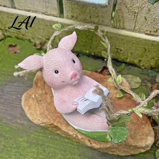 Resin Pig Sculpture Hanging Figurine Cute Piggy Lying in Hammock Reading Sun-resistant Decor Book Ornament Waterproof Animal for Indoor Outdoor