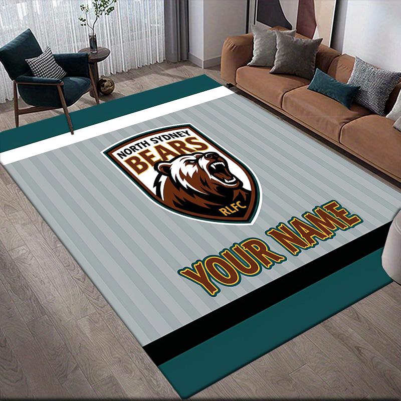 Custom Name North Sydney Bears Flannel Pattern Square Carpet,Area Rug,Carpet Rug for Living Room Bedroom Sofa Playroom Decor,Non-slip Floor Mat