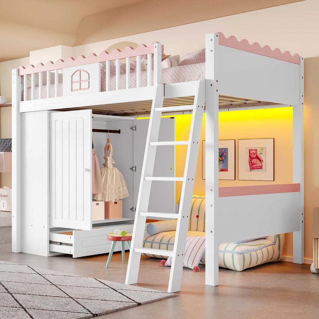 Loft Bed 90x200 Children's Bed Girl Youth Bed Wardrobe Drawers LED Bed Frame Slatted Frame Pine Wood EN747 Certified White