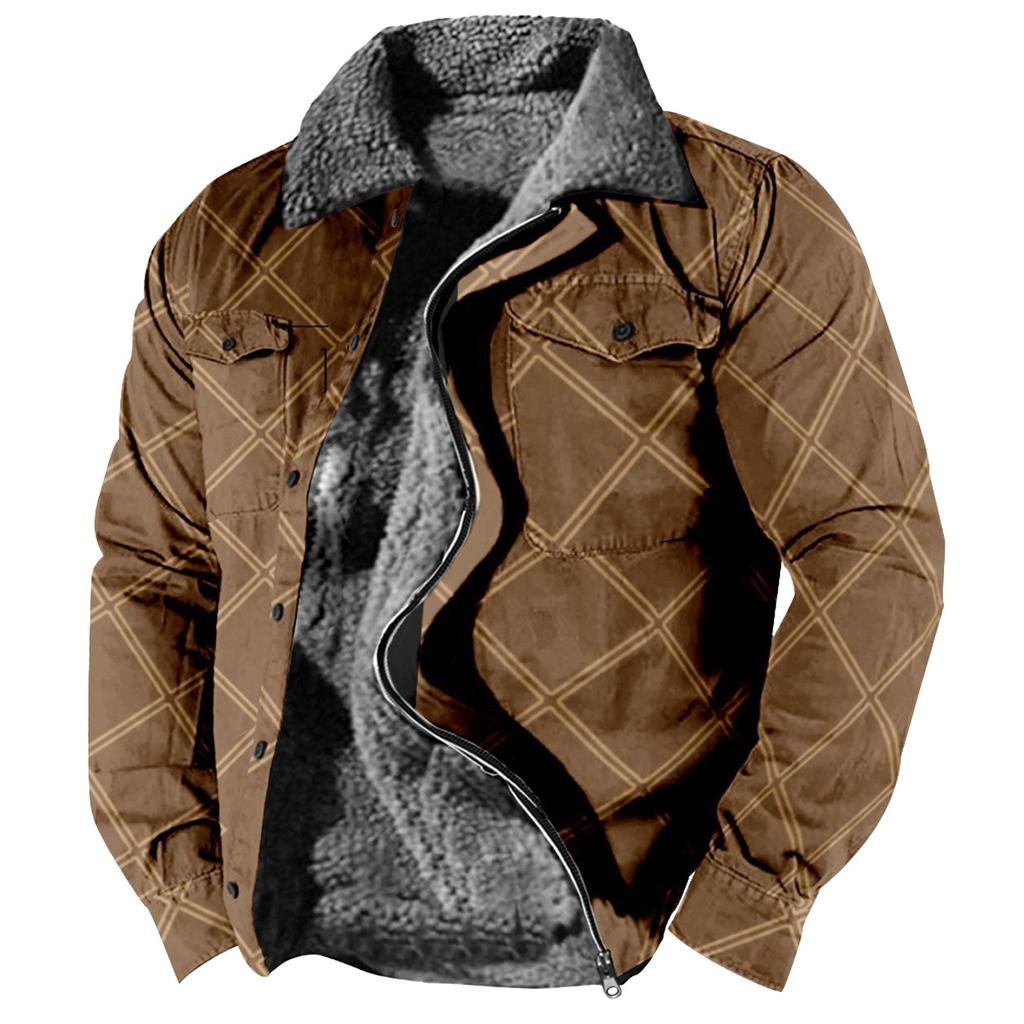 Men's Plaid Print Fleece Thickened Coat Jacket Men's Casual Fashion Warm Coat