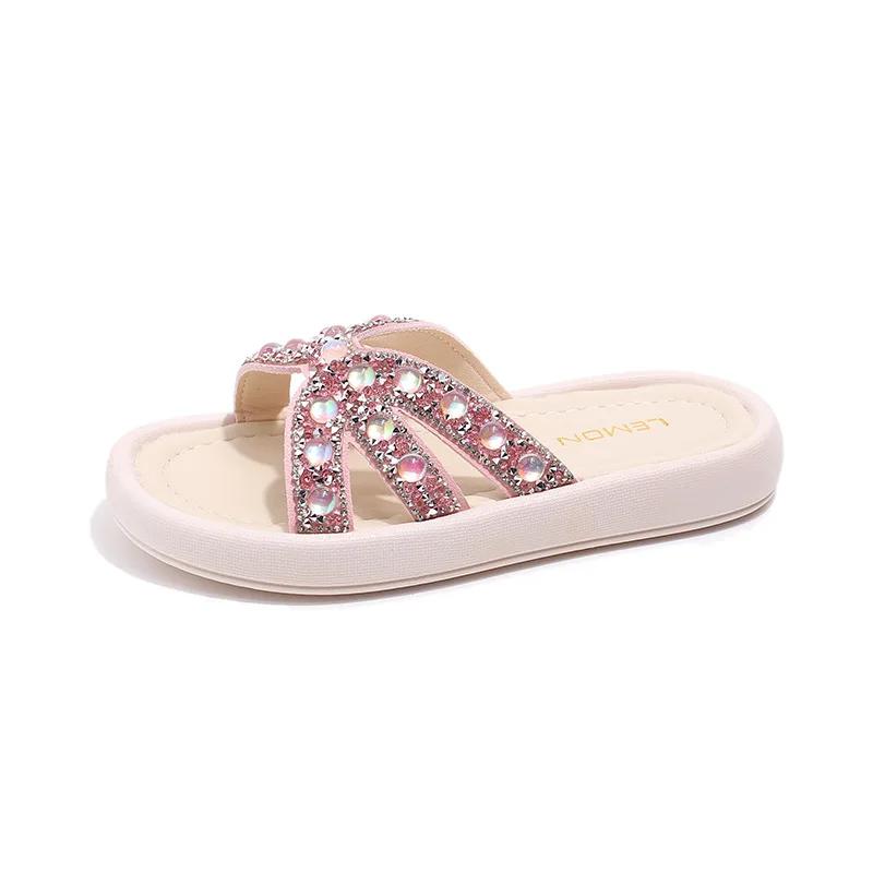 Детские шлепанцы для улицы 2024 Новые детские модные туфли принцессы для пляжа со сверкающими стразами Детские универсальные сандалии для отпуска