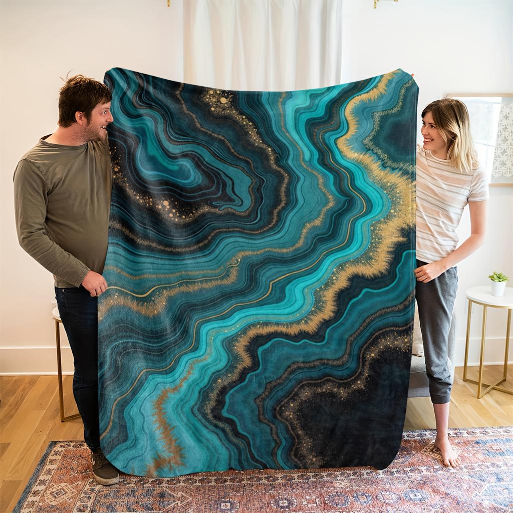 Абстрактное искусство Флисовое одеяло Бирюзово-синий Золотой мраморный дизайн Мягкий Дышащий Всесезонный Роскошный плед для домашнего декора Подарок