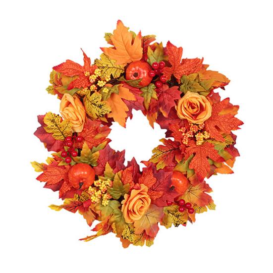 Autumn Wreath Faux White Pumpkin Maple Leaf Pine Cone Berry Wreath Handmade Farmhouse Wreath Fall Decoration for Home Thanksgiving Harvest Outdoor