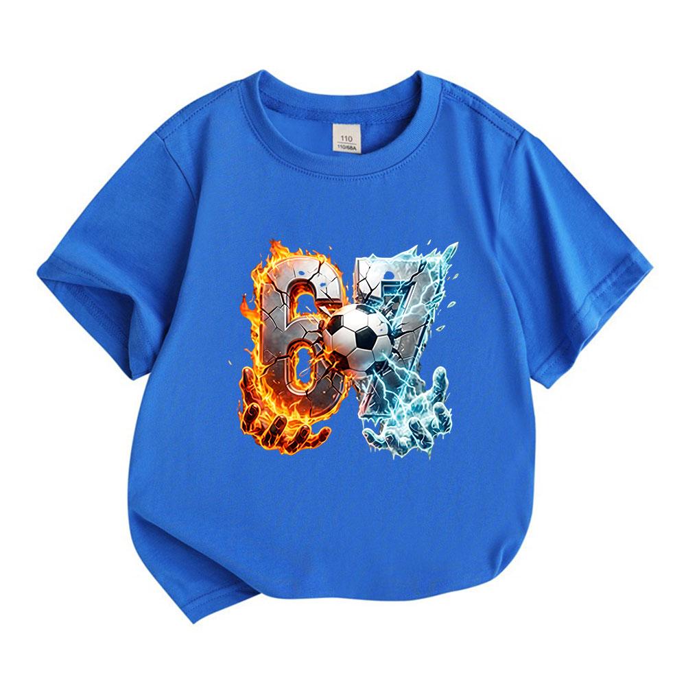 Kids Boys Girls 100% Cotton Crew Neck Short Sleeve T-Shirt, Cool Fire Ice 67 Soccer Football Graphic Casual Soft Summer Tee for Children Daily Wear