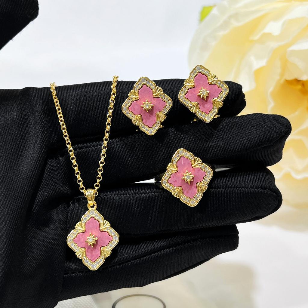 Винтажный комплект розовых роз Court Bratti, браслет из четырехлистного клевера, ожерелье из камня Tianhe, кольцо, серьги-гвоздики