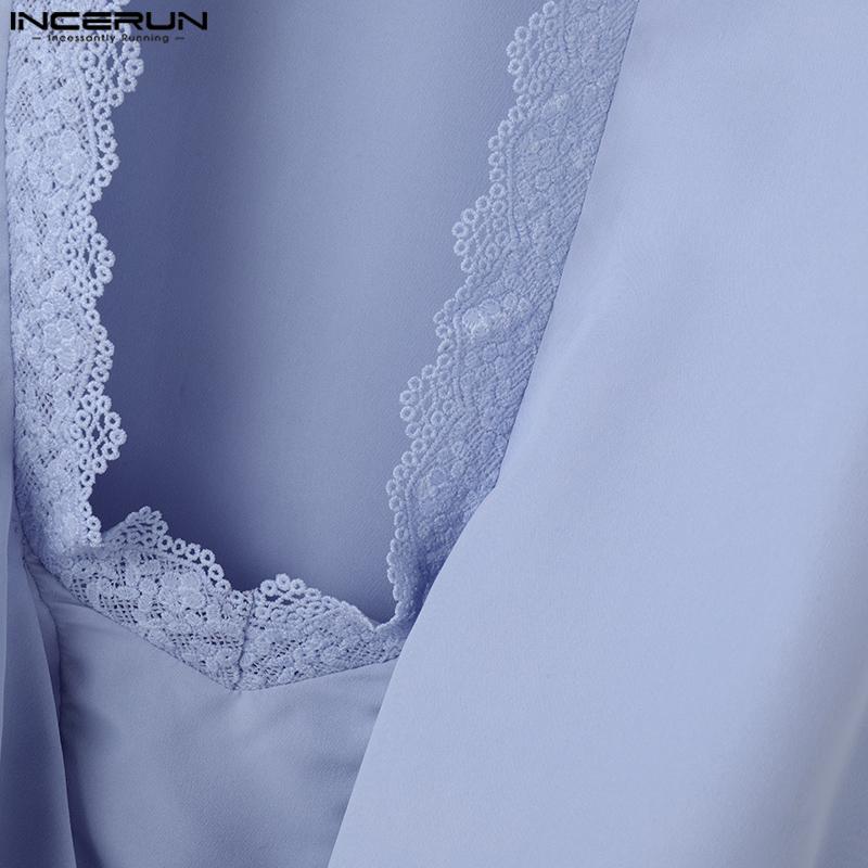 INCERUN Mens Deep V Neck Lace Hem Long Sleeve Irregular Bow Knot Loose Shirts Tops