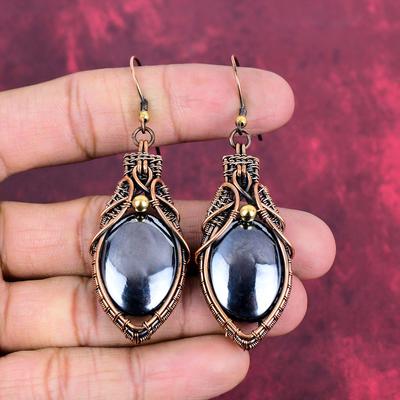 Серьга из шунгита Серьга с медной проволокой Серьга с натуральным камнем Ручная работа Серьги с оплеткой из проволоки Ювелирные изделия Подарки для жены Длинные серьги