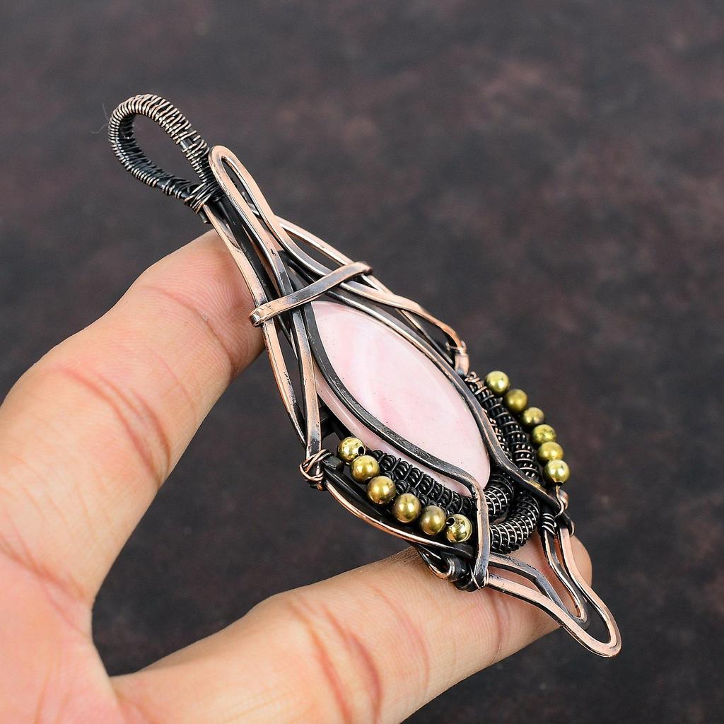 Кулон с розовым опалом, кулон из медной проволоки, кулон с драгоценным камнем, медная проволока, ювелирные изделия, подарок на годовщину, кулон ручной работы, кулон с камнем